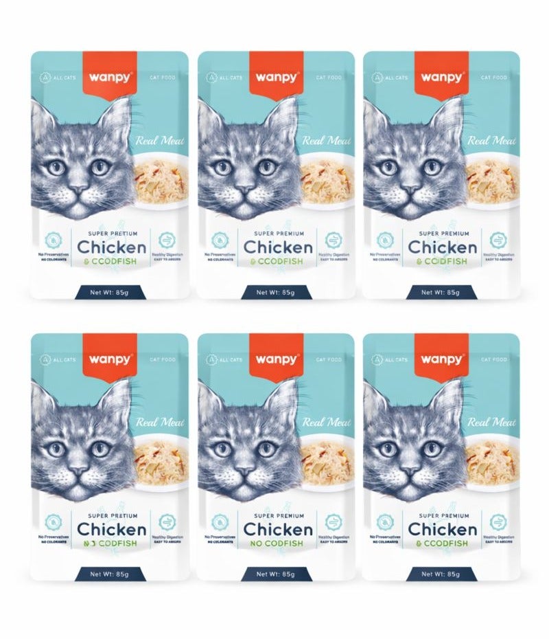 Super Premium Wet Cat Food – Chicken & Codfish Recipe – Real Meat Pouch for Healthy Digestion & Easy Absorption – 6 × 85 g